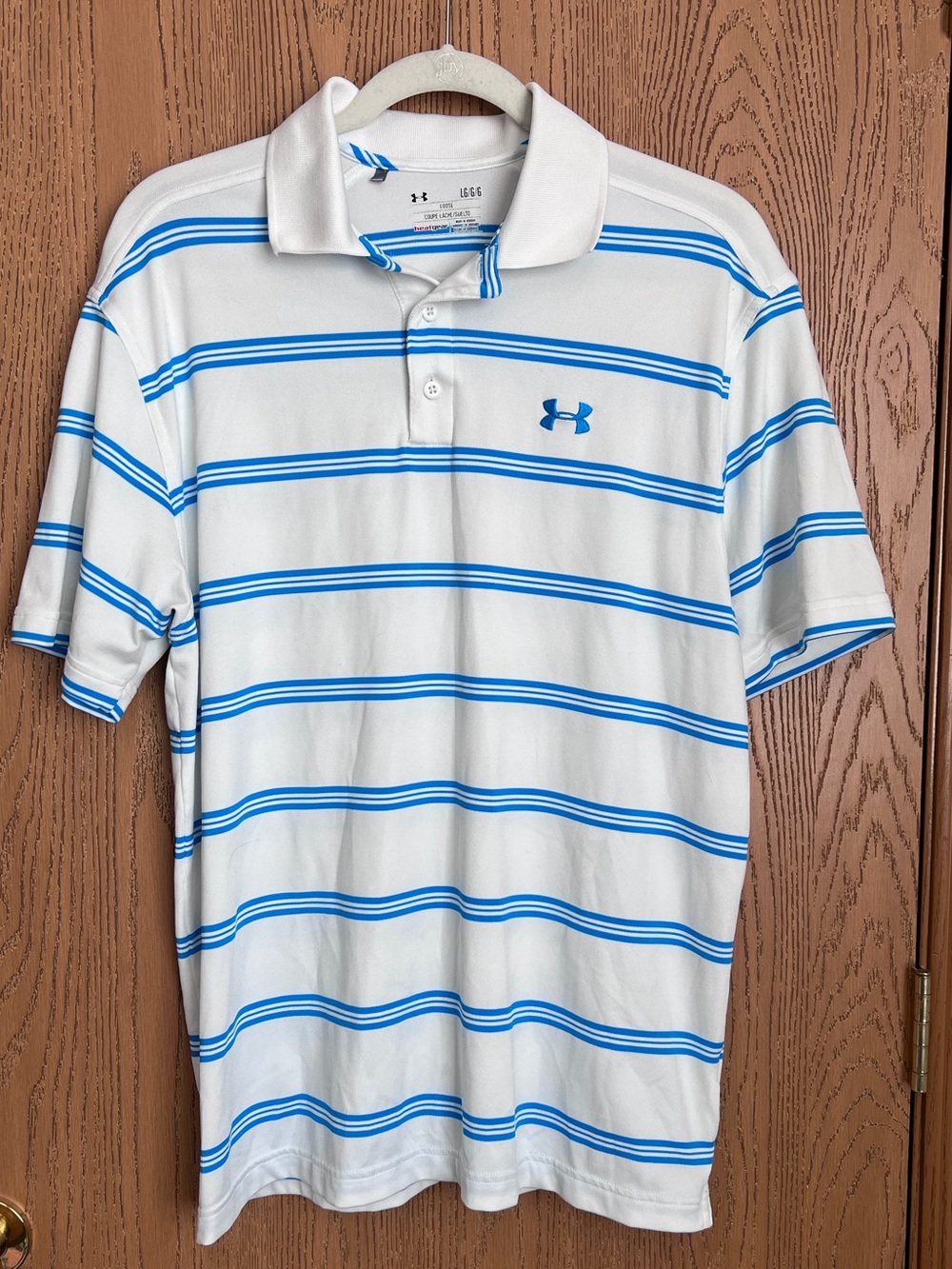 Under Armour White Polo with Light Blue Stripes LRG NWOT